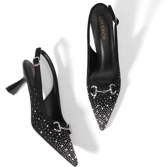 Women Women\'s Black Slingback Closed Pointed Toe Sparkly Rhinestone Low Heel Shoes